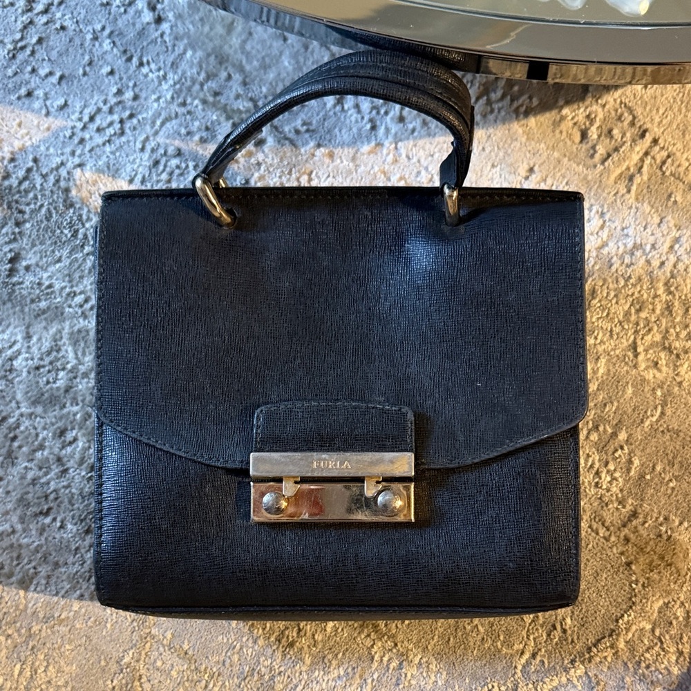 Furla Black Textured Leather Top-Handle Satchel with Gold Hardware